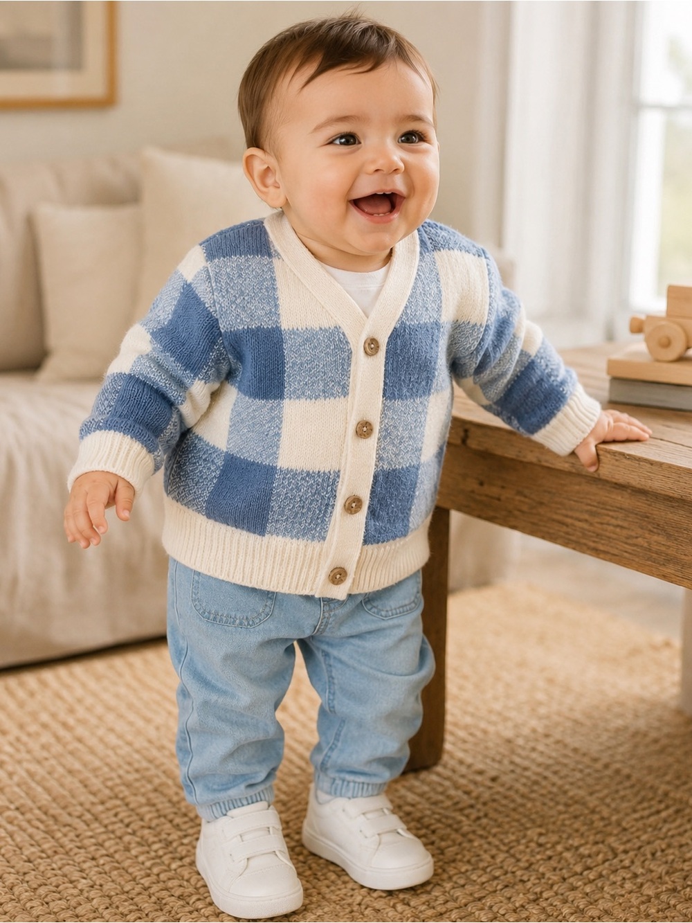 Zara Blue and Cream Checkered Knit Cardigan
